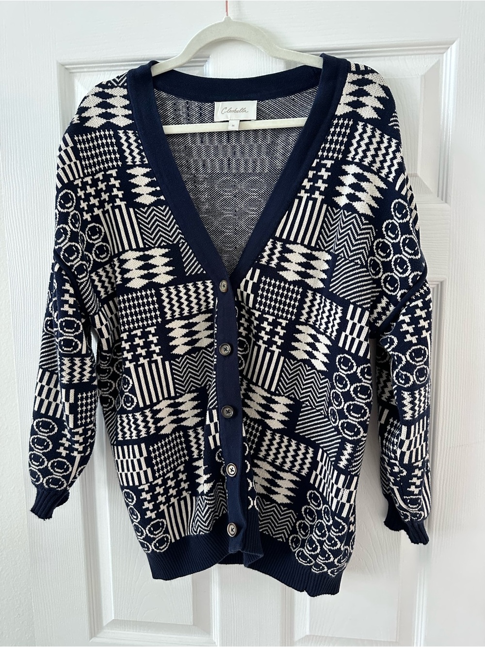 Cleobella Navy and White Patterned V-Neck Oversized Cardigan